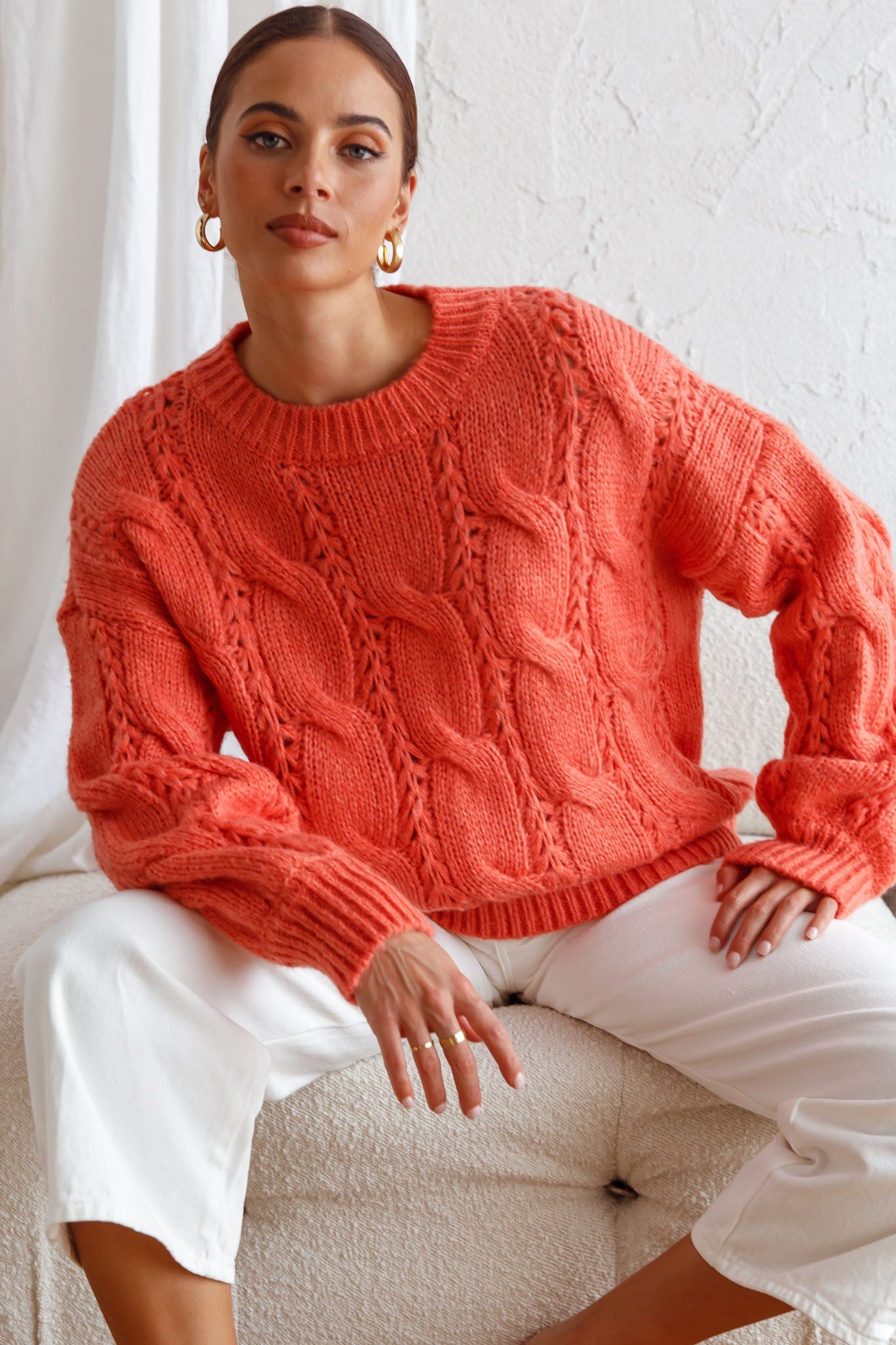 Nicola Long Sleeve Chunky Cable Knit Sweater Peach by Selfie Leslie