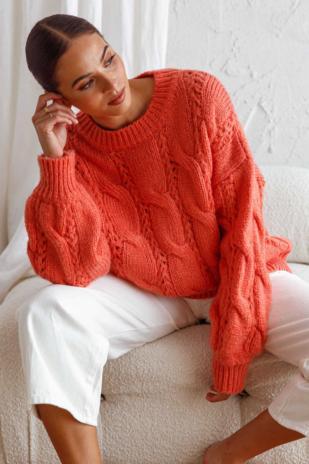 Nicola Long Sleeve Chunky Cable Knit Sweater Peach by Selfie Leslie