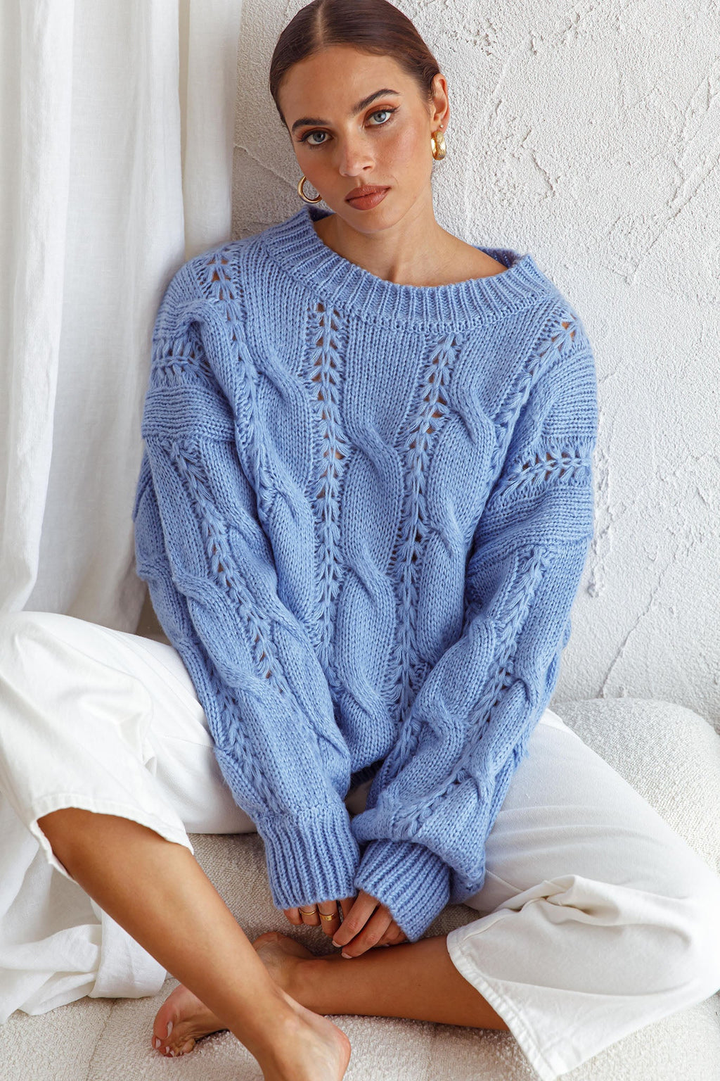 Nicola Long Sleeve Chunky Cable Knit Sweater Blue by Selfie Leslie