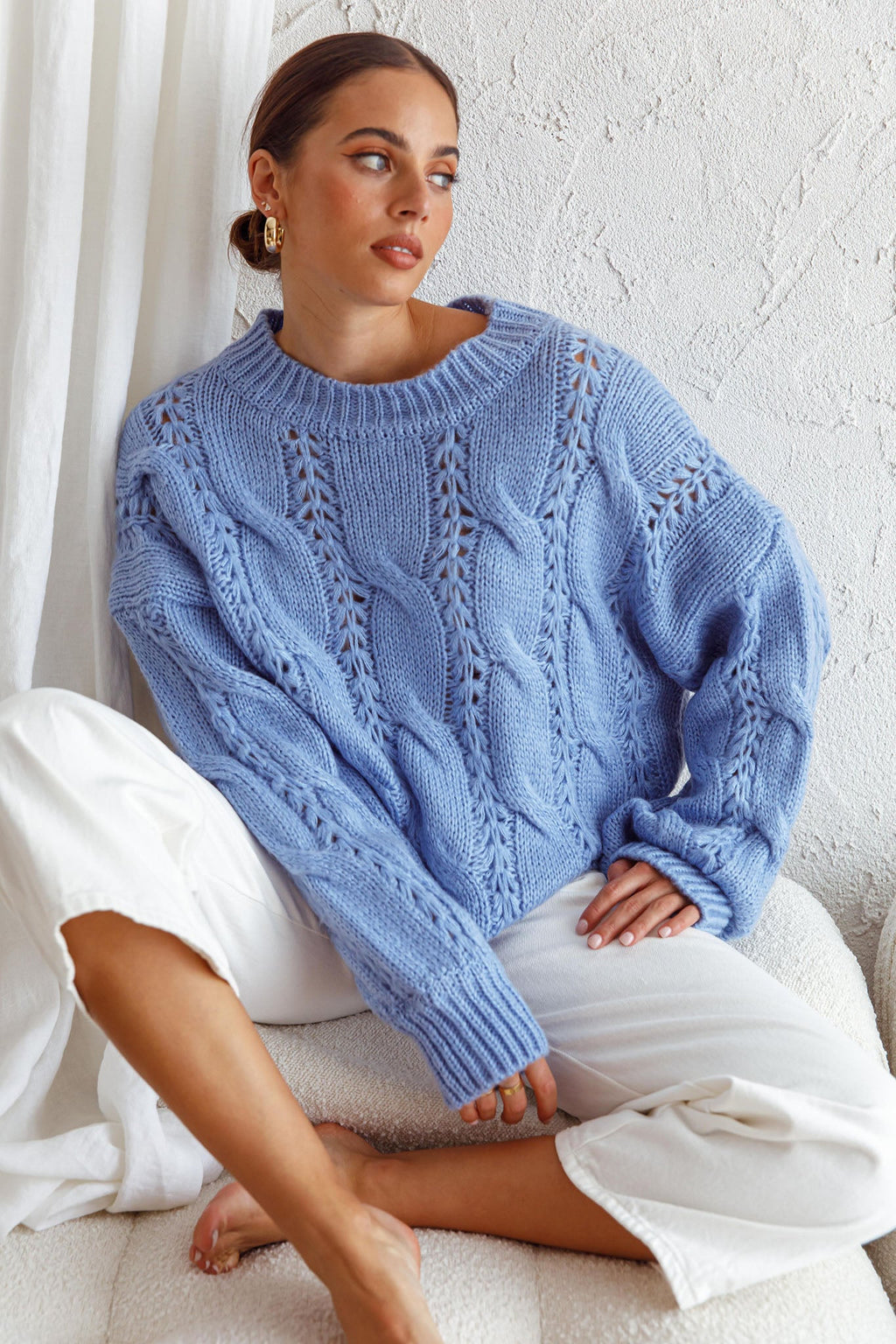 Nicola Long Sleeve Chunky Cable Knit Sweater Blue by Selfie Leslie