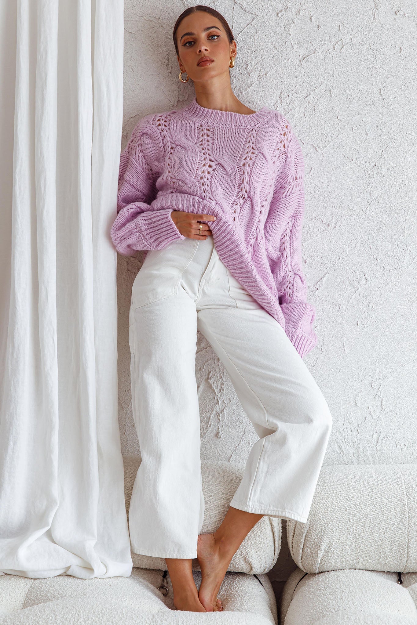Nicola Long Sleeve Chunky Cable Knit Sweater Lilac by Selfie Leslie