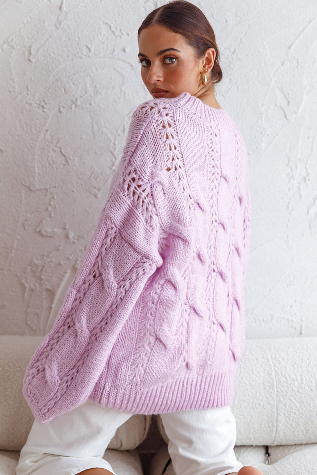 Nicola Long Sleeve Chunky Cable Knit Sweater Lilac by Selfie Leslie