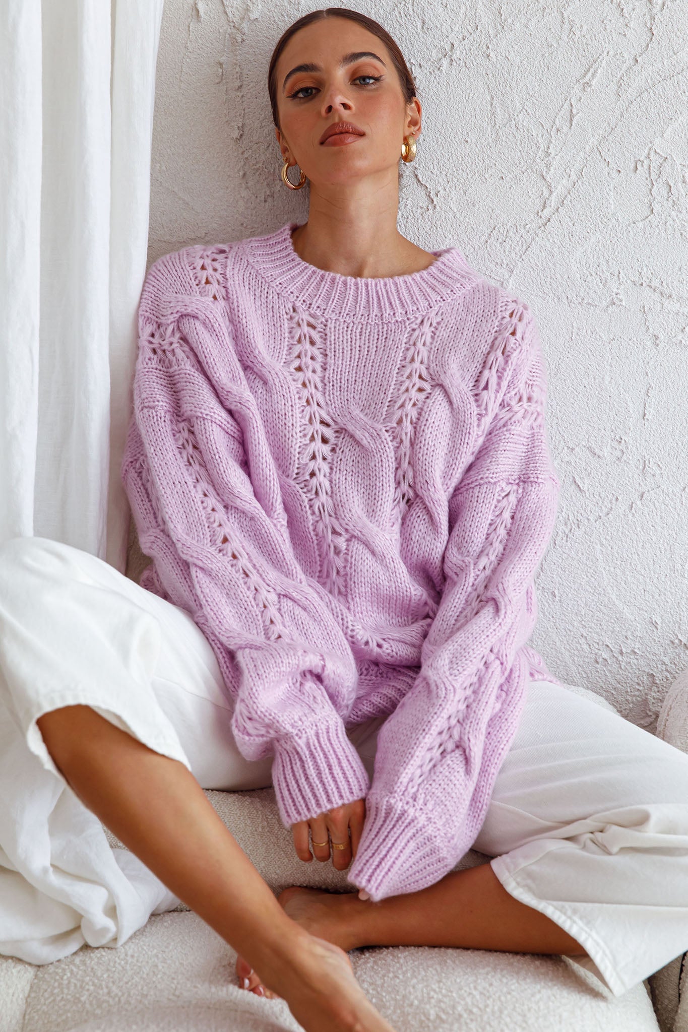 Nicola Long Sleeve Chunky Cable Knit Sweater Lilac by Selfie Leslie