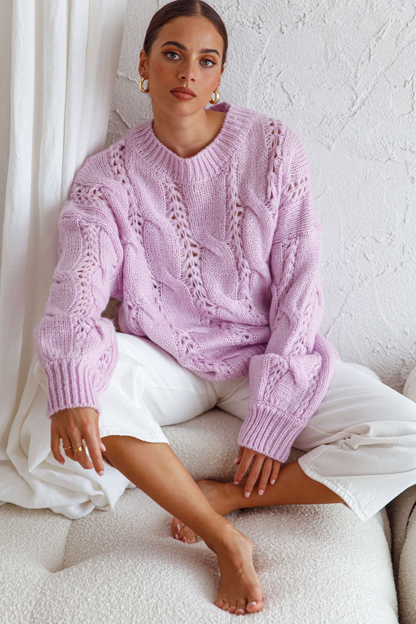 Nicola Long Sleeve Chunky Cable Knit Sweater Lilac by Selfie Leslie