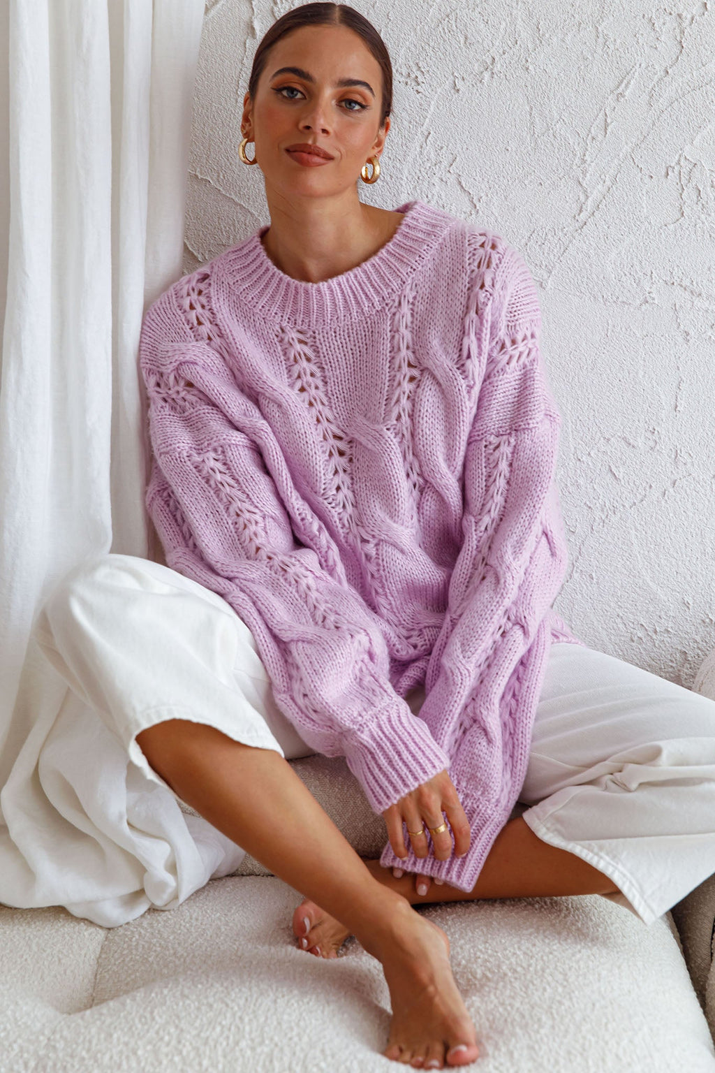 Nicola Long Sleeve Chunky Cable Knit Sweater Lilac by Selfie Leslie