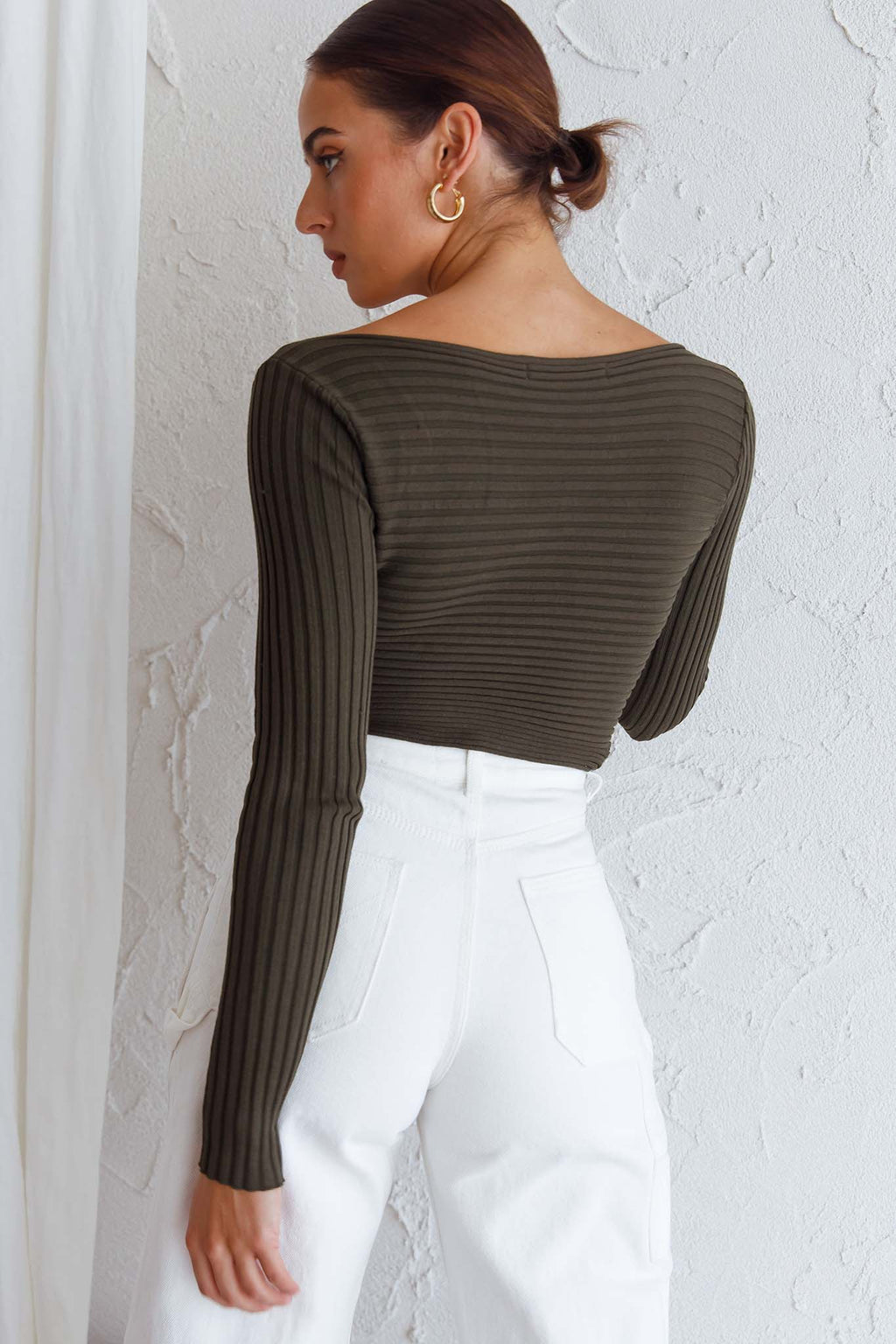Dream Weaver Long Sleeve Twist Bust Crop Top Forest Green by Selfie Leslie