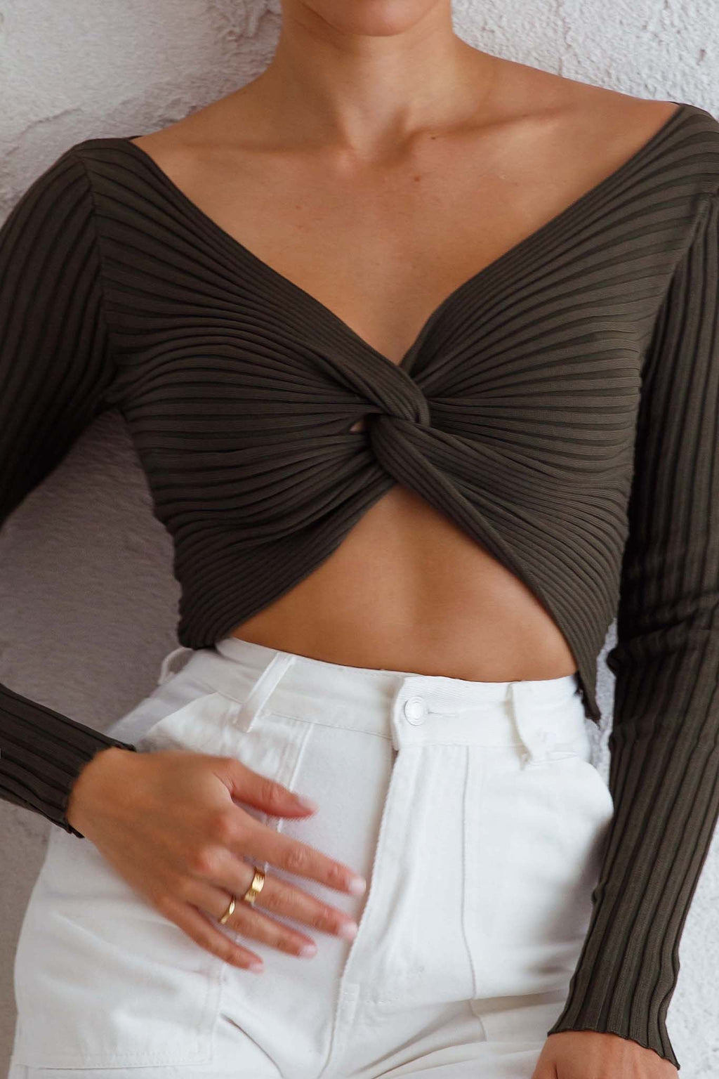 Dream Weaver Long Sleeve Twist Bust Crop Top Forest Green by Selfie Leslie
