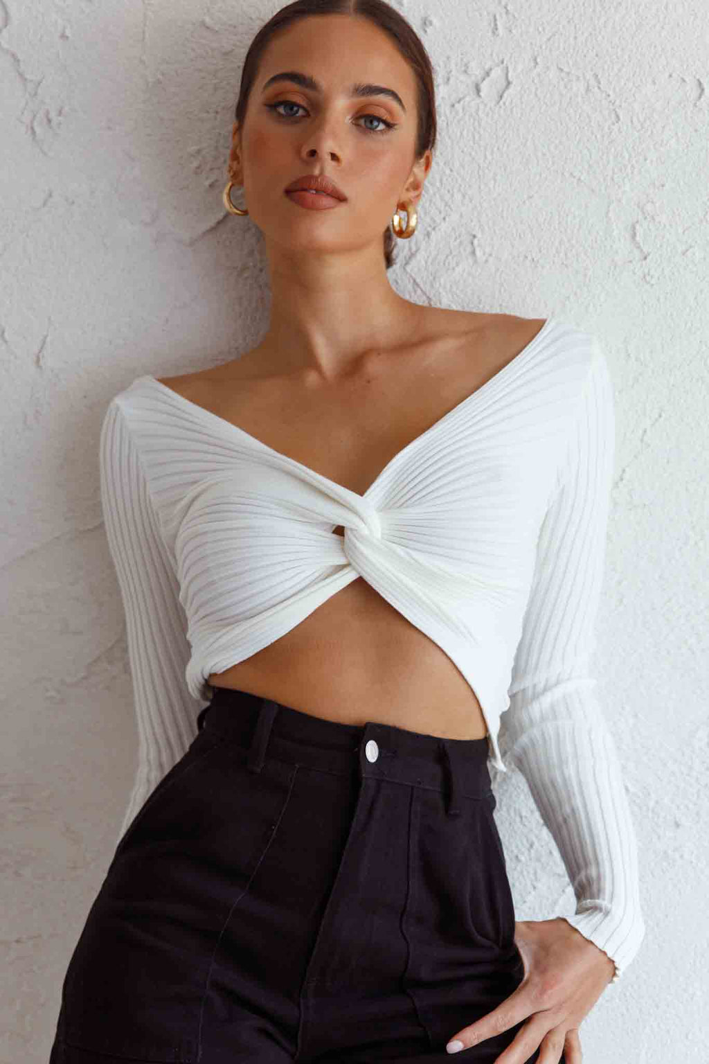 Dream Weaver Long Sleeve Twist Bust Crop Top White by Selfie Leslie