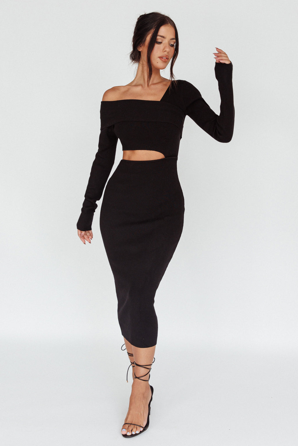 Tamar Long Sleeve One-Shoulder Midi Dress Black by Selfie Leslie Australia