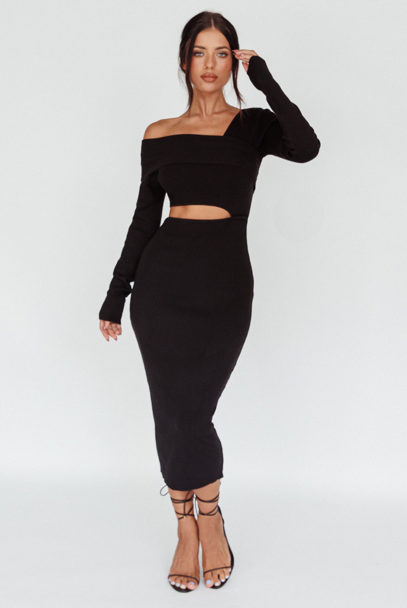 Tamar Long Sleeve One-Shoulder Midi Dress Black by Selfie Leslie Australia