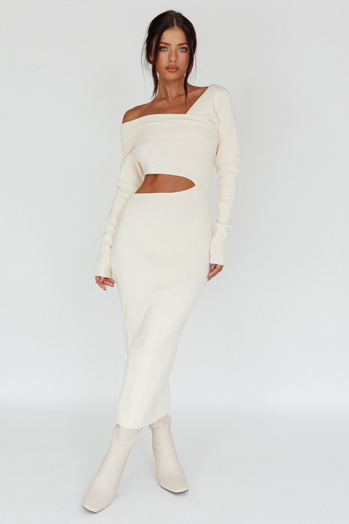Tamar Long Sleeve One-Shoulder Midi Dress Cream by Selfie Leslie Australia