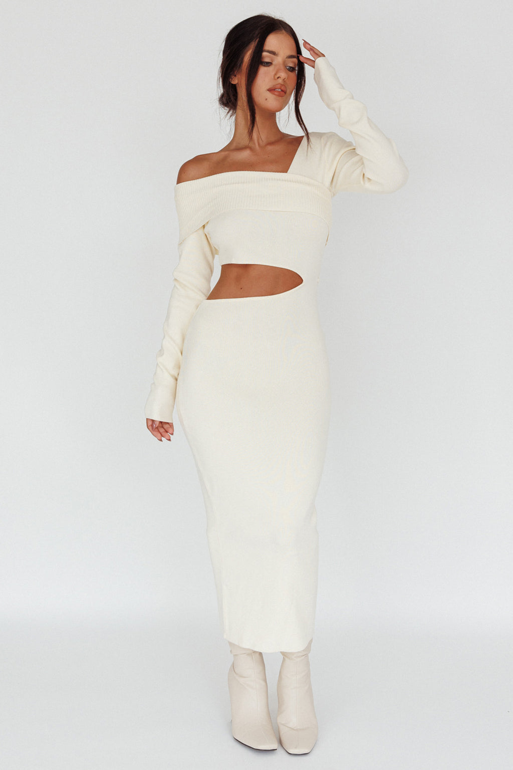 Tamar Long Sleeve One-Shoulder Midi Dress Cream by Selfie Leslie Australia