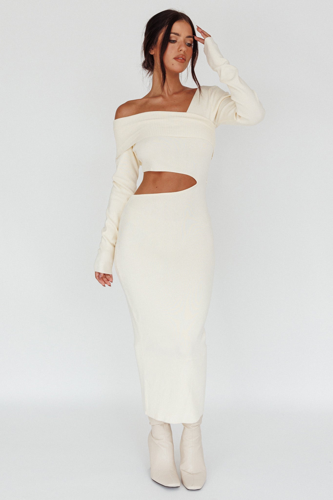 Tamar Long Sleeve One-Shoulder Midi Dress Cream by Selfie Leslie Australia