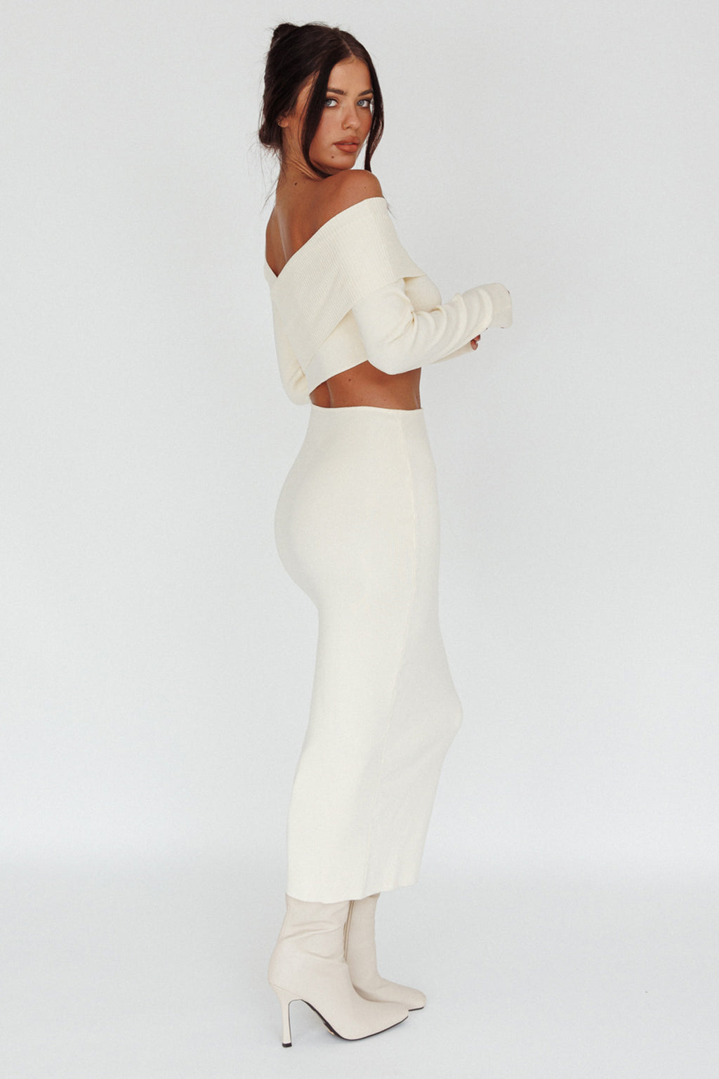 Tamar Long Sleeve One-Shoulder Midi Dress Cream by Selfie Leslie Australia