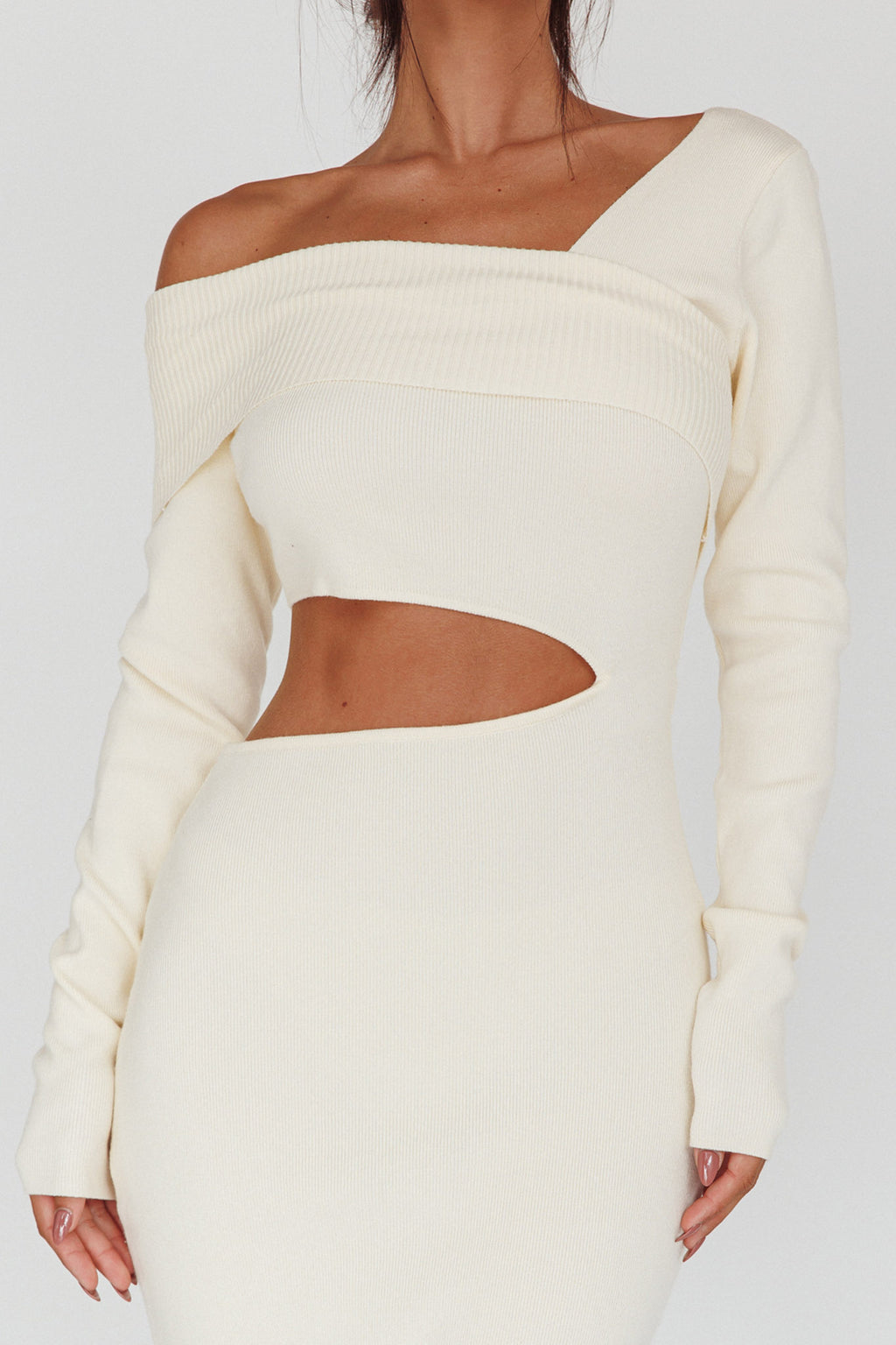 Tamar Long Sleeve One-Shoulder Midi Dress Cream by Selfie Leslie Australia