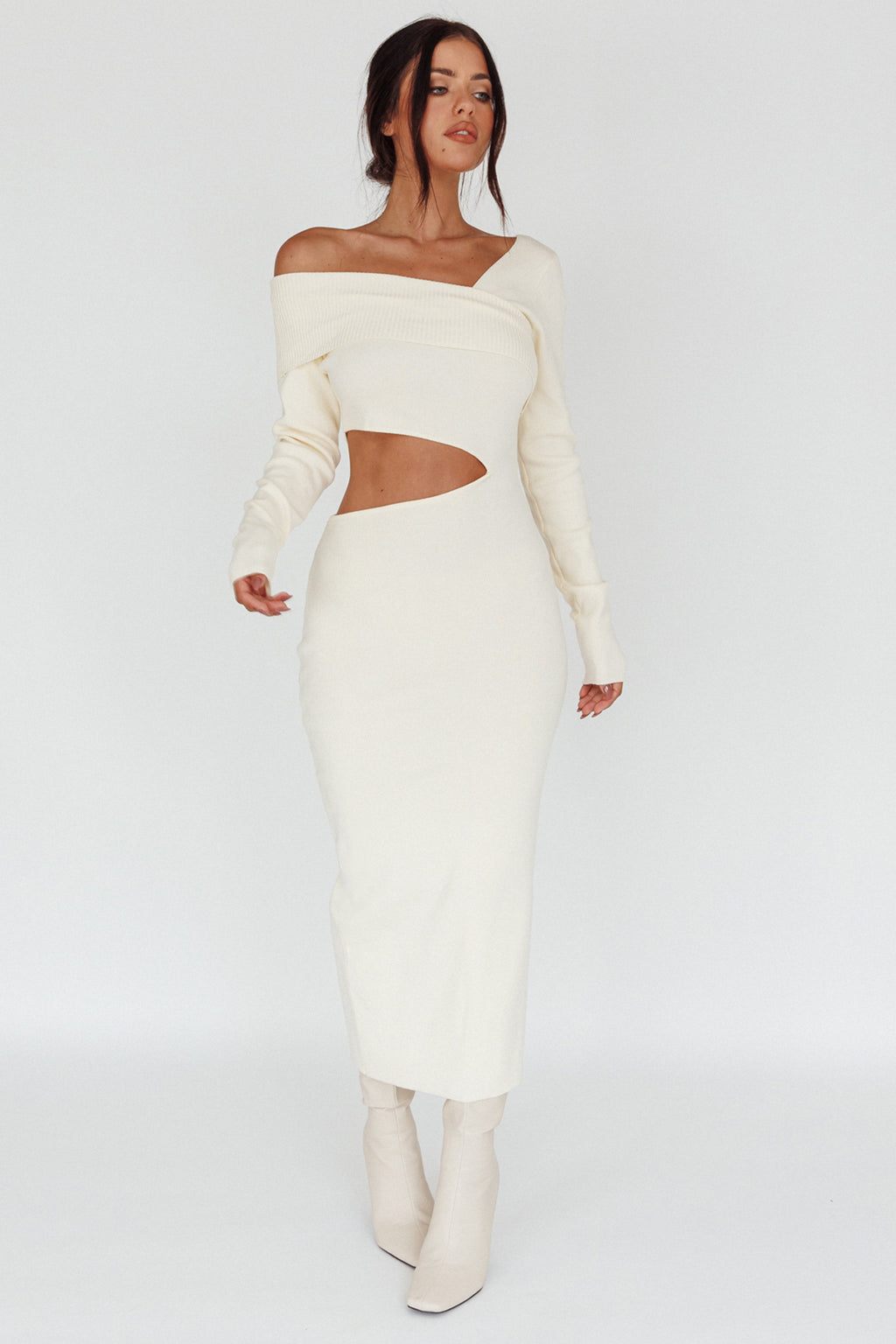 Tamar Long Sleeve One-Shoulder Midi Dress Cream by Selfie Leslie Australia