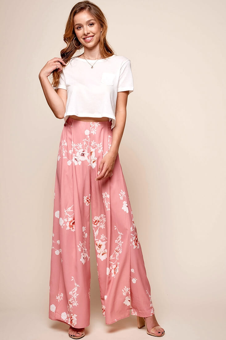 Kaya Wide Leg Floral Pants Blush by Selfie Leslie
