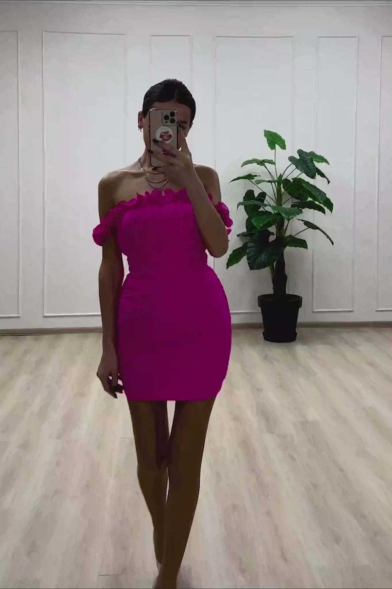 Senorita Off-Shoulder Lettuce Edge Detail Ruched Mini Dress Hot Pink