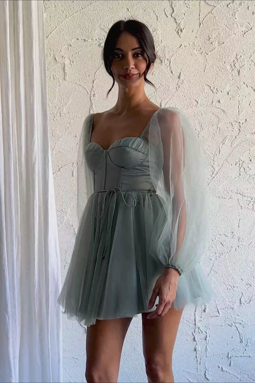 Fairytale Dream Sheer Sleeve Mini Dress Sage