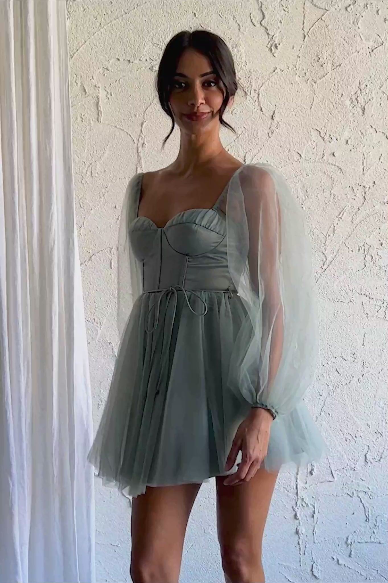 Fairytale Dream Sheer Sleeve Mini Dress Sage