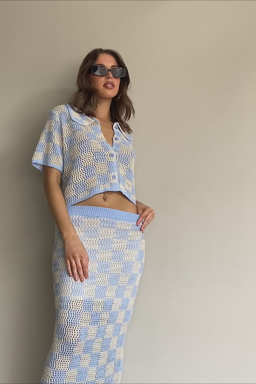 Byron Bay Crochet Buttoned Top Blue