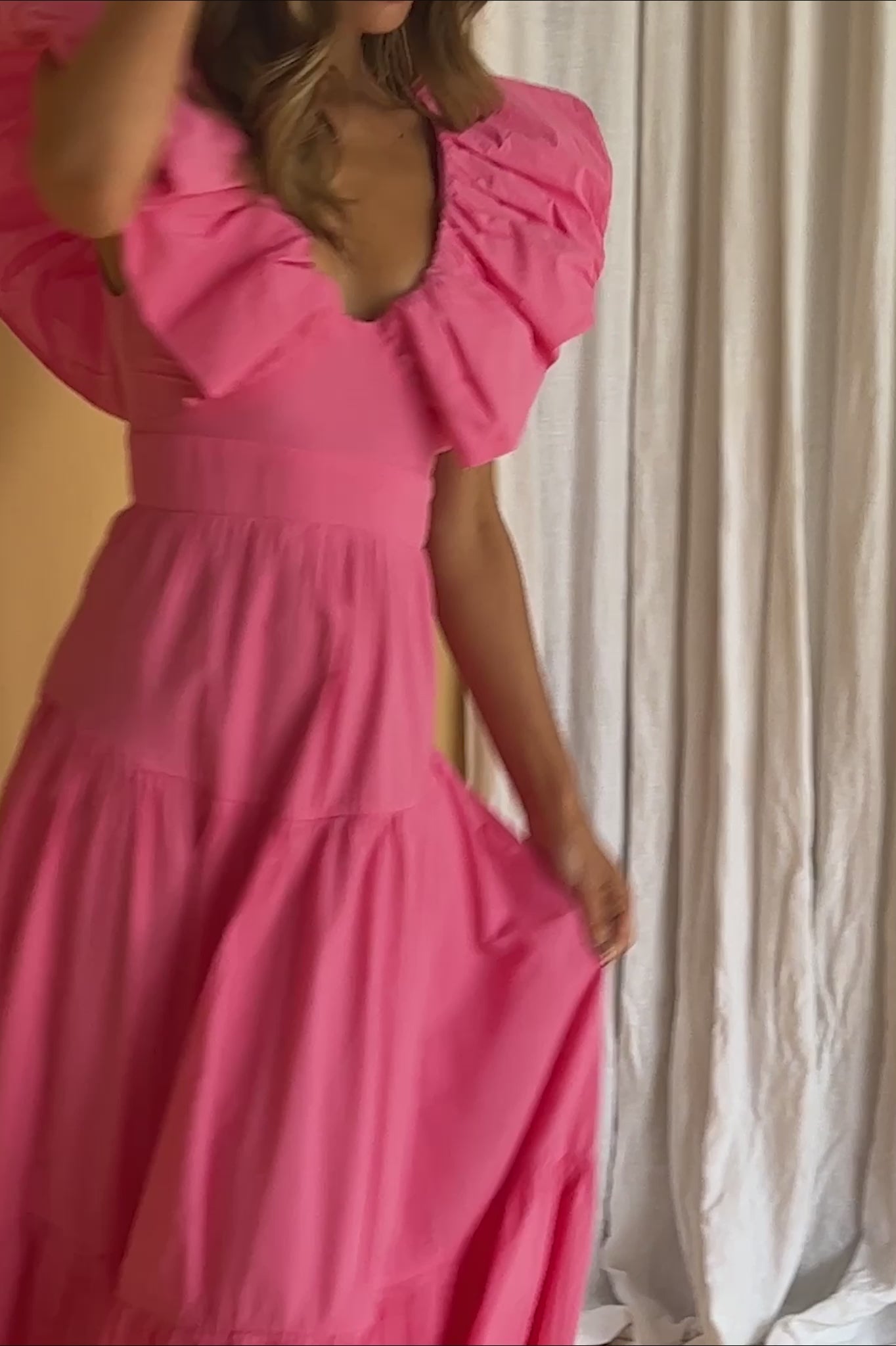 Kahlo Puffed Ruffle Neckline Maxi Dress Soft Pink