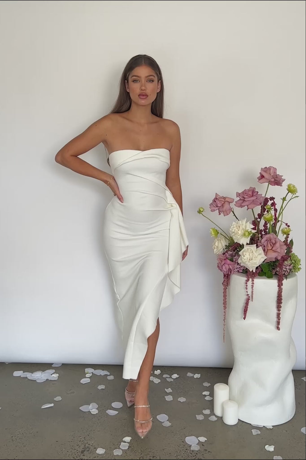 Sasha Cascade Ruffle Midi Dress White
