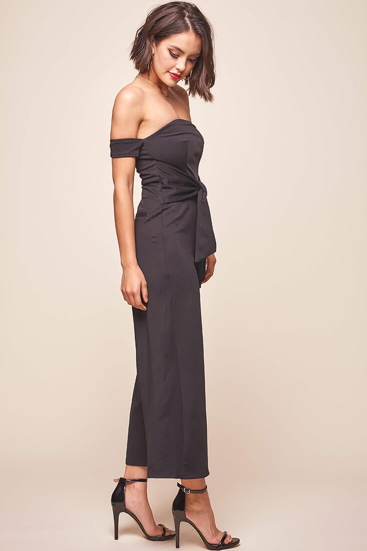 Joan Off Shoulder Waist Tie Wide Leg Jumpsuit Black by Selfie Leslie