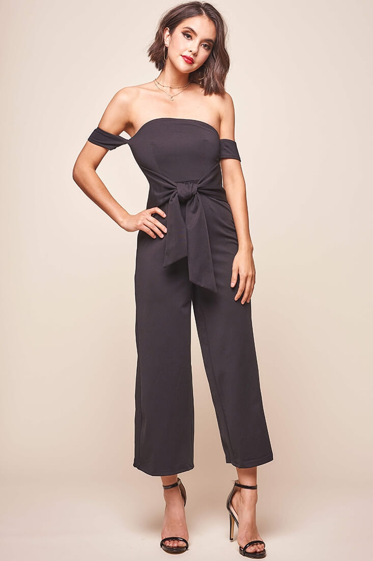 Joan Off Shoulder Waist Tie Wide Leg Jumpsuit Black by Selfie Leslie