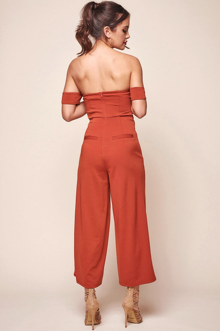 Joan Off the Shoulder Waist Tie Wide Leg Jumpsuit Rust by Selfie Leslie