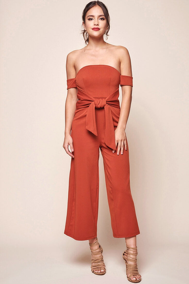 Joan Off the Shoulder Waist Tie Wide Leg Jumpsuit Rust by Selfie Leslie