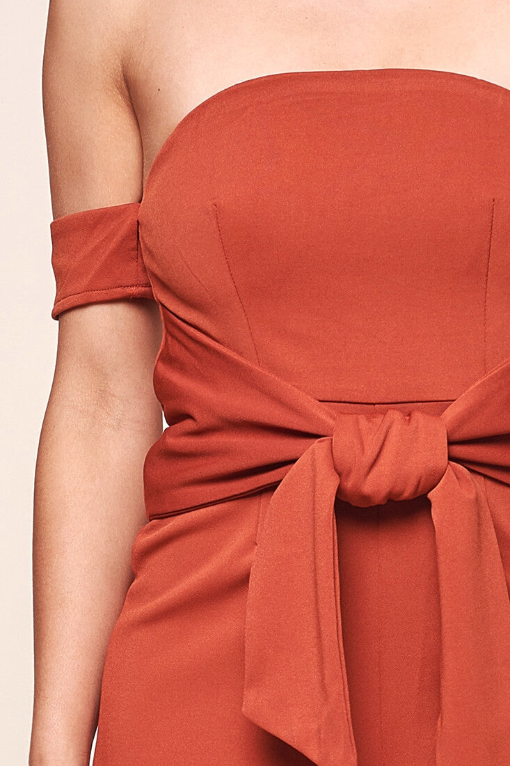 Joan Off the Shoulder Waist Tie Wide Leg Jumpsuit Rust by Selfie Leslie