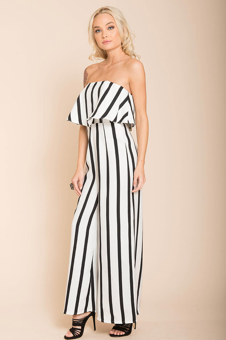 Posh Pin Stripe Ruffle Jumpsuit White by Selfie Leslie