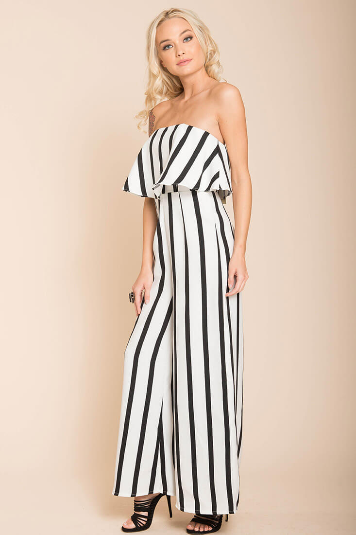 Posh Pin Stripe Ruffle Jumpsuit White by Selfie Leslie