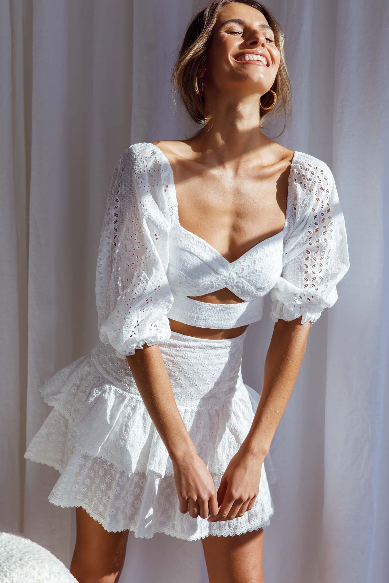 Cynthia Layered Ruffle Eyelet Embroidery Skirt White by Selfie Leslie
