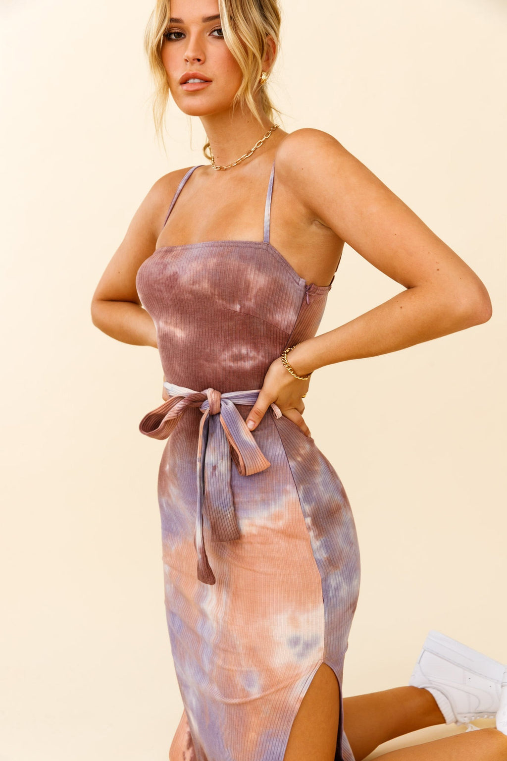 Serenade Me Square Neckline Side Split Midi Dress Tie Dye Brown/Lilac by Selfie Leslie