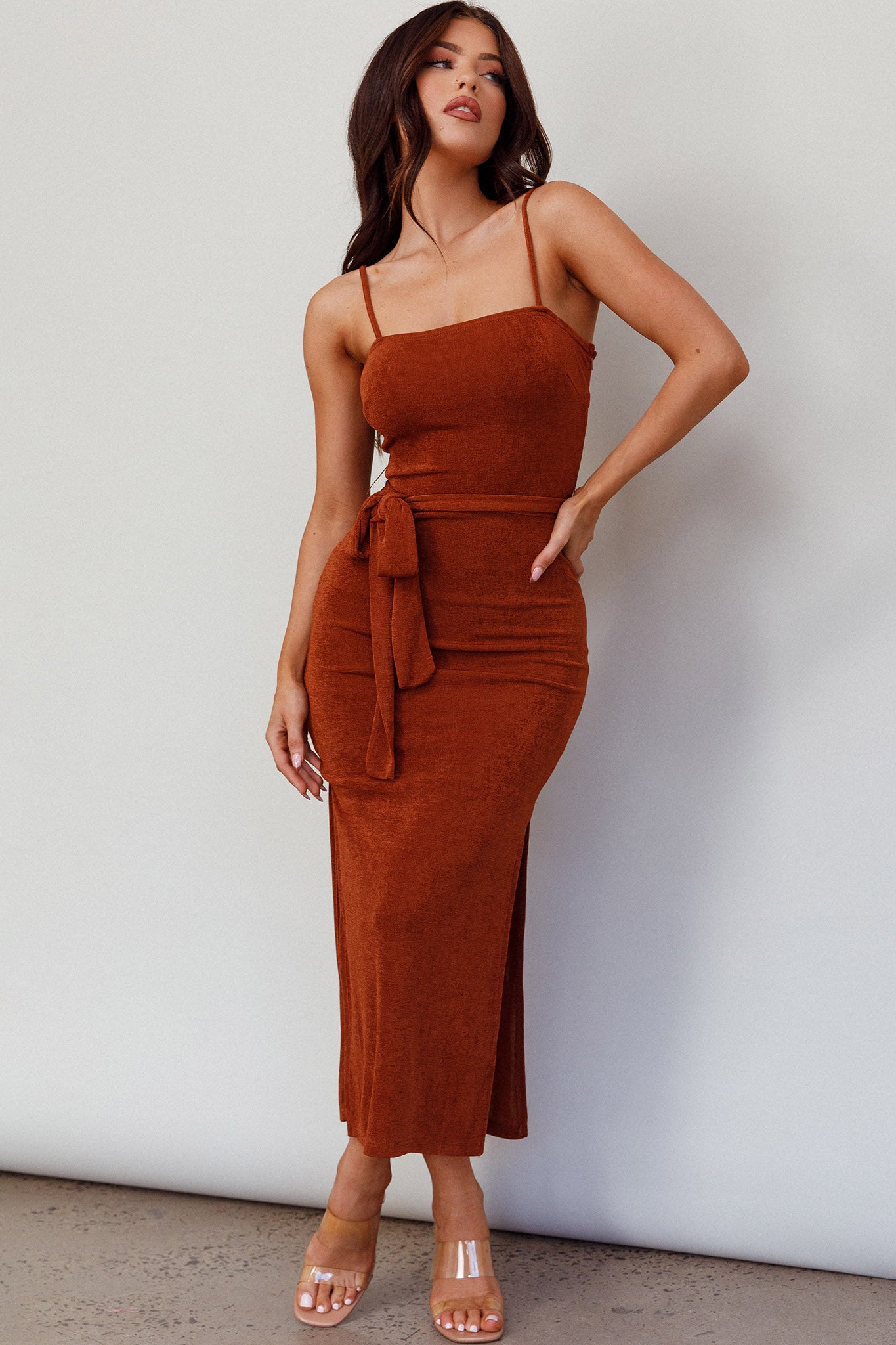 Serenade Me Square Neckline Side Split Midi Dress Cinnamon by Selfie Leslie Australia