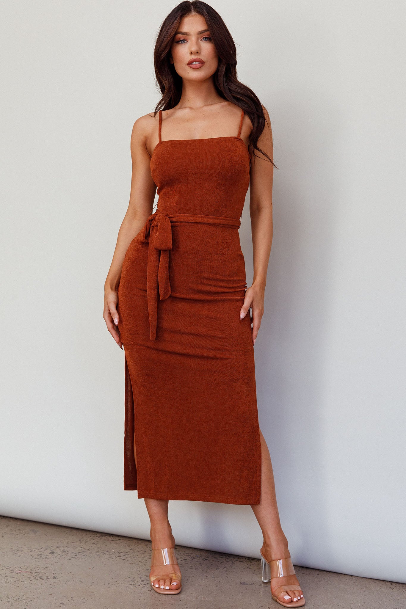Serenade Me Square Neckline Side Split Midi Dress Cinnamon by Selfie Leslie Australia