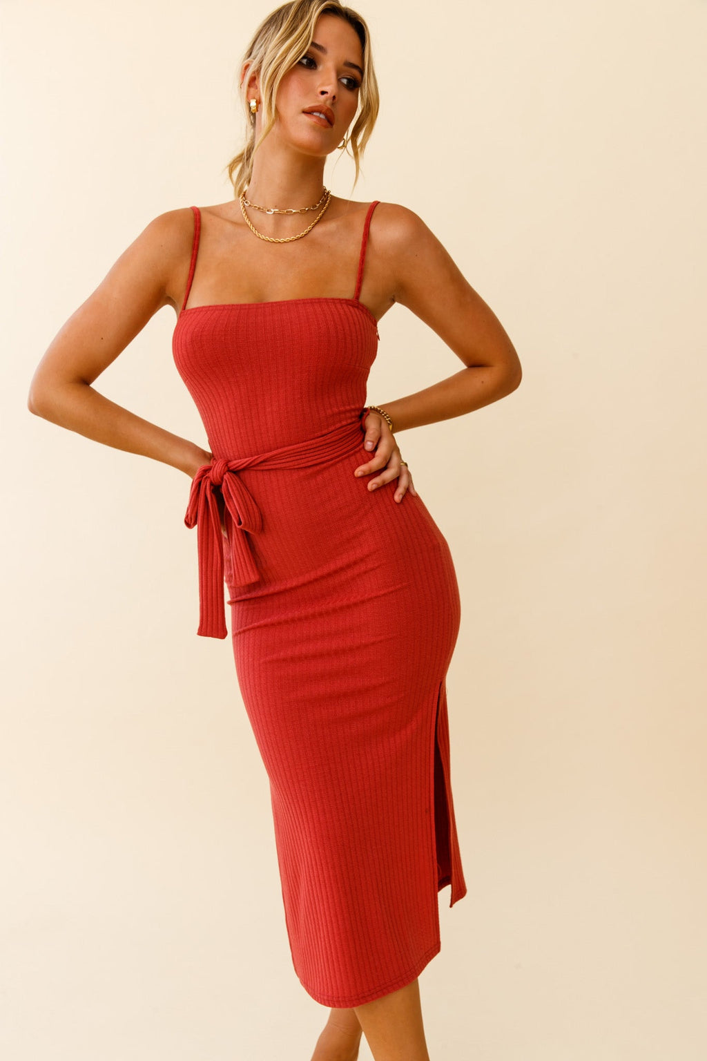 Serenade Me Square Neckline Side Split Midi Dress Rose by Selfie Leslie
