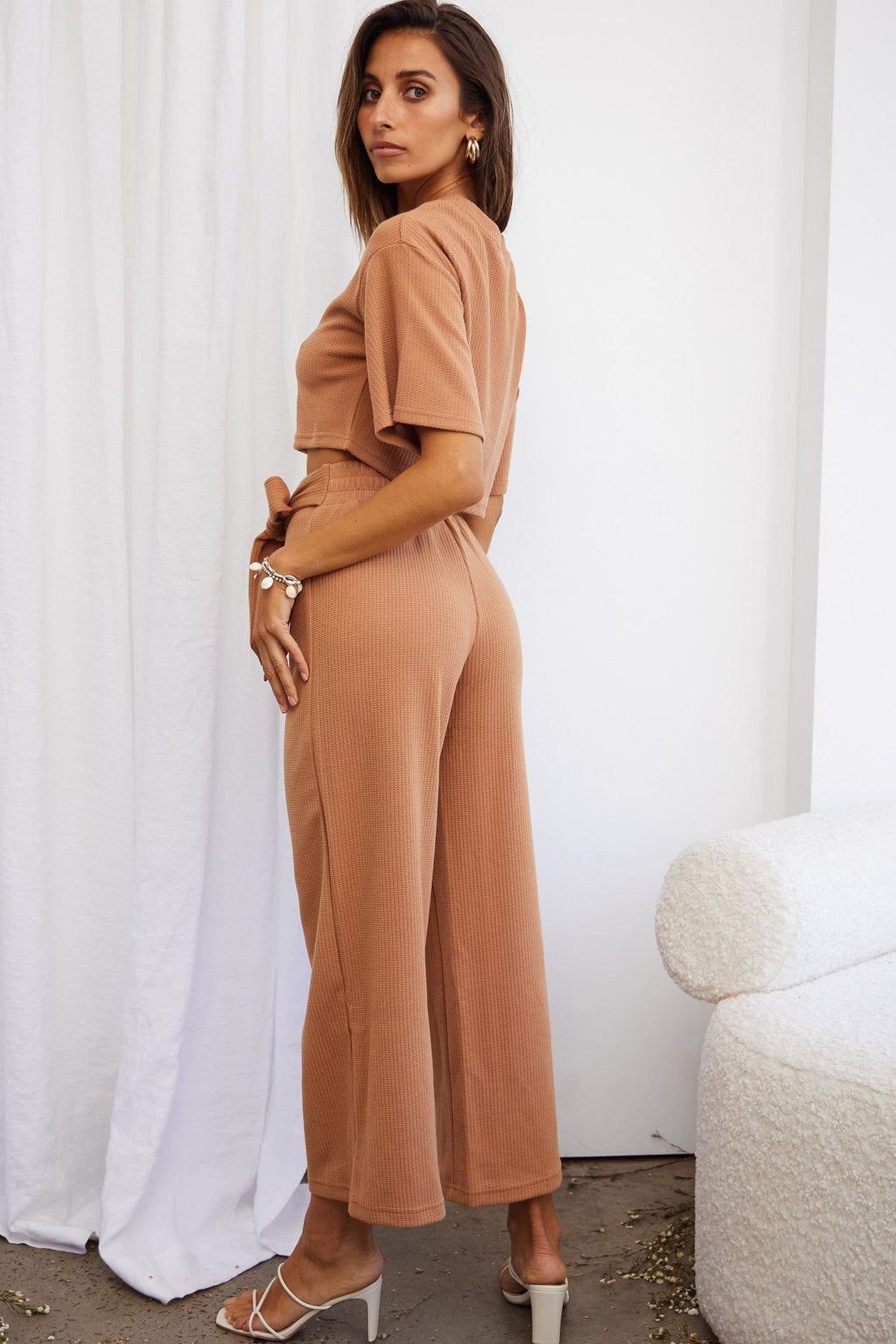 Larissa Crew Neck Ribbed Tee Crop Top Tan by Selfie Leslie