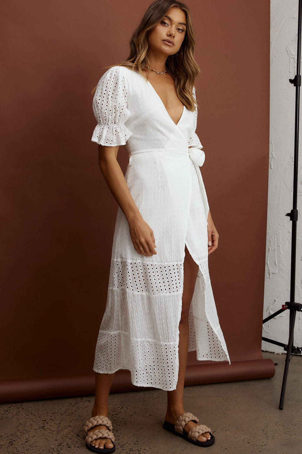 Arlington Eyelet Detail Wrap Midi Dress White by Selfie Leslie