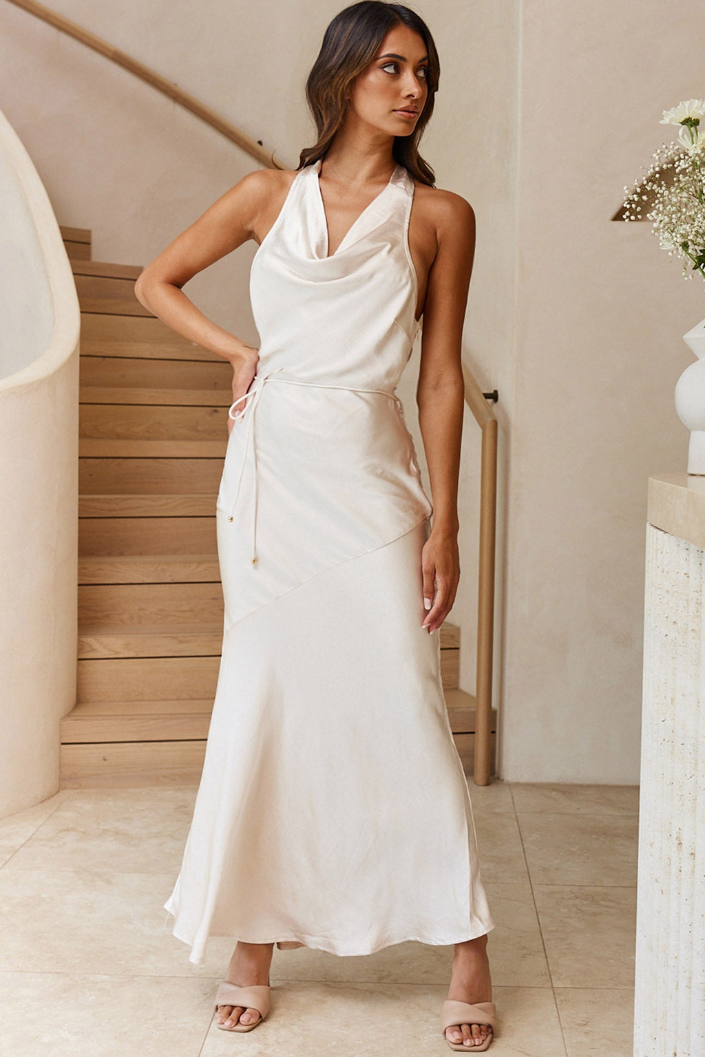 India Cowl Halterneck Satin Maxi Dress Champagne by Selfie Leslie