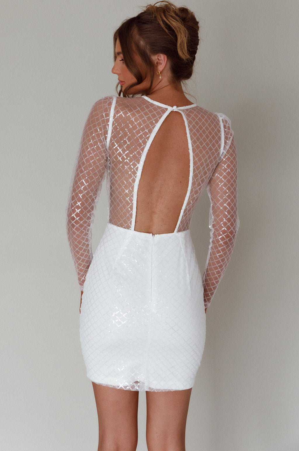 Juno Plunging Neckline Sequin Mini Dress White by Selfie Leslie Australia
