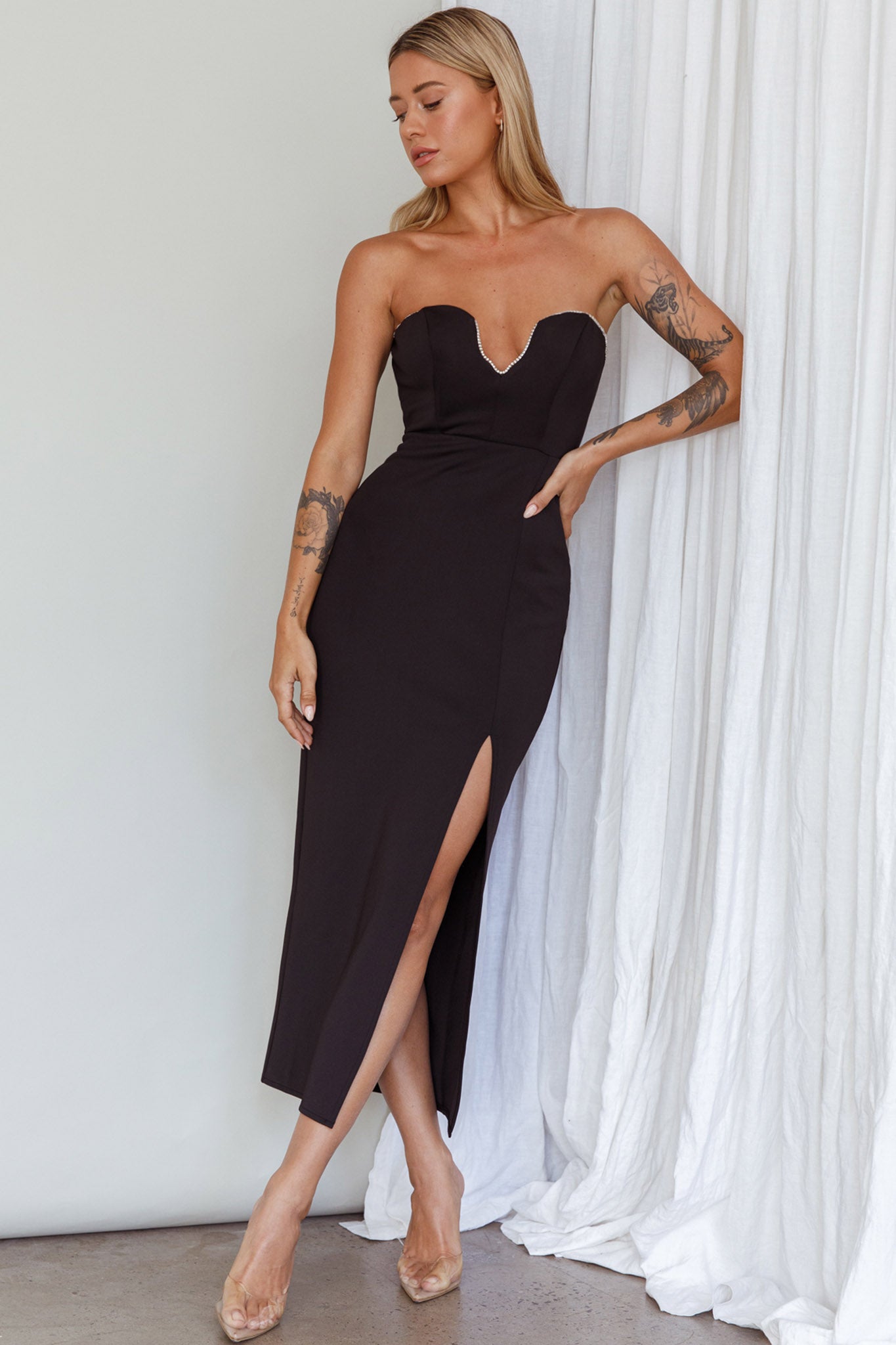 Mystic Diamante Neckline Midi Dress Black by Selfie Leslie Australia