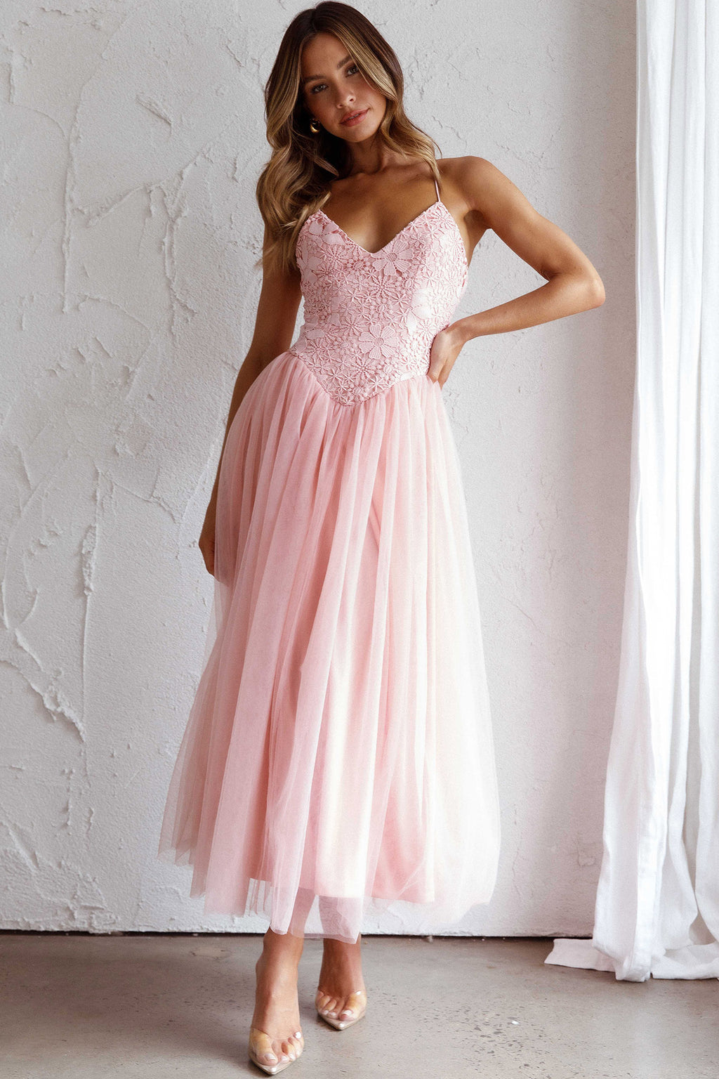 Novoli Floral Embroidery Midi Dress Blush by Selfie Leslie Australia