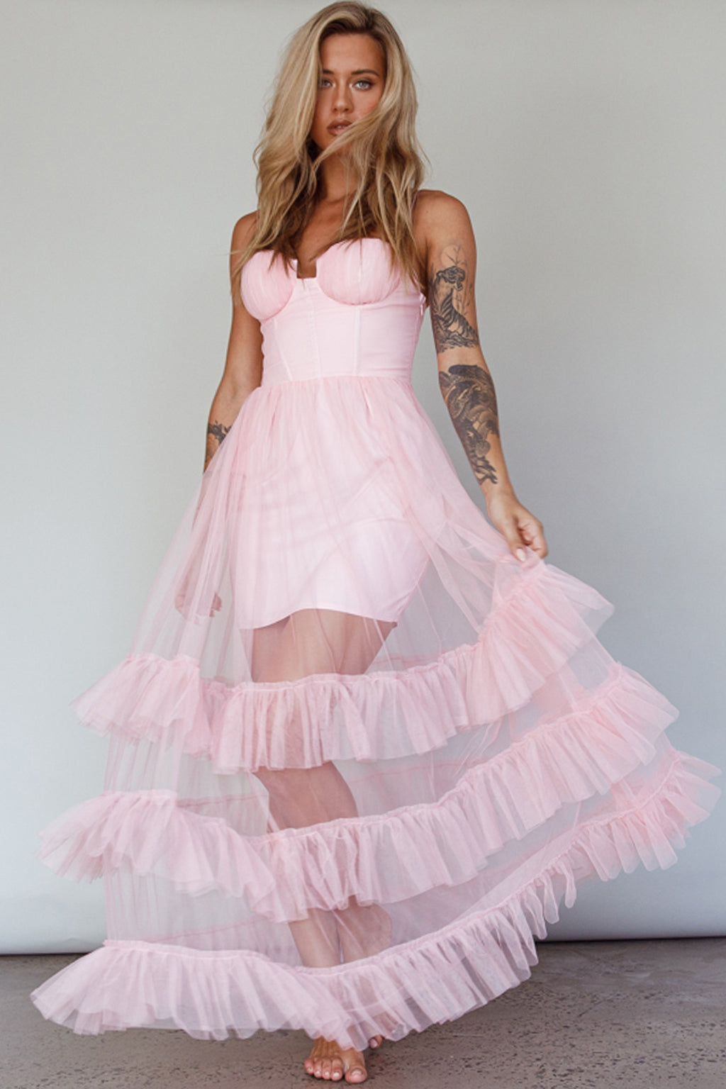 Moonlight Sonata Ruffle Mesh Maxi Dress Cameo Pink by Selfie Leslie Australia