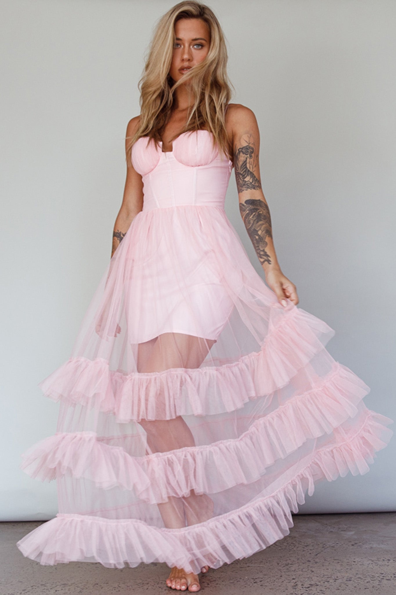 Moonlight Sonata Ruffle Mesh Maxi Dress Cameo Pink by Selfie Leslie Australia