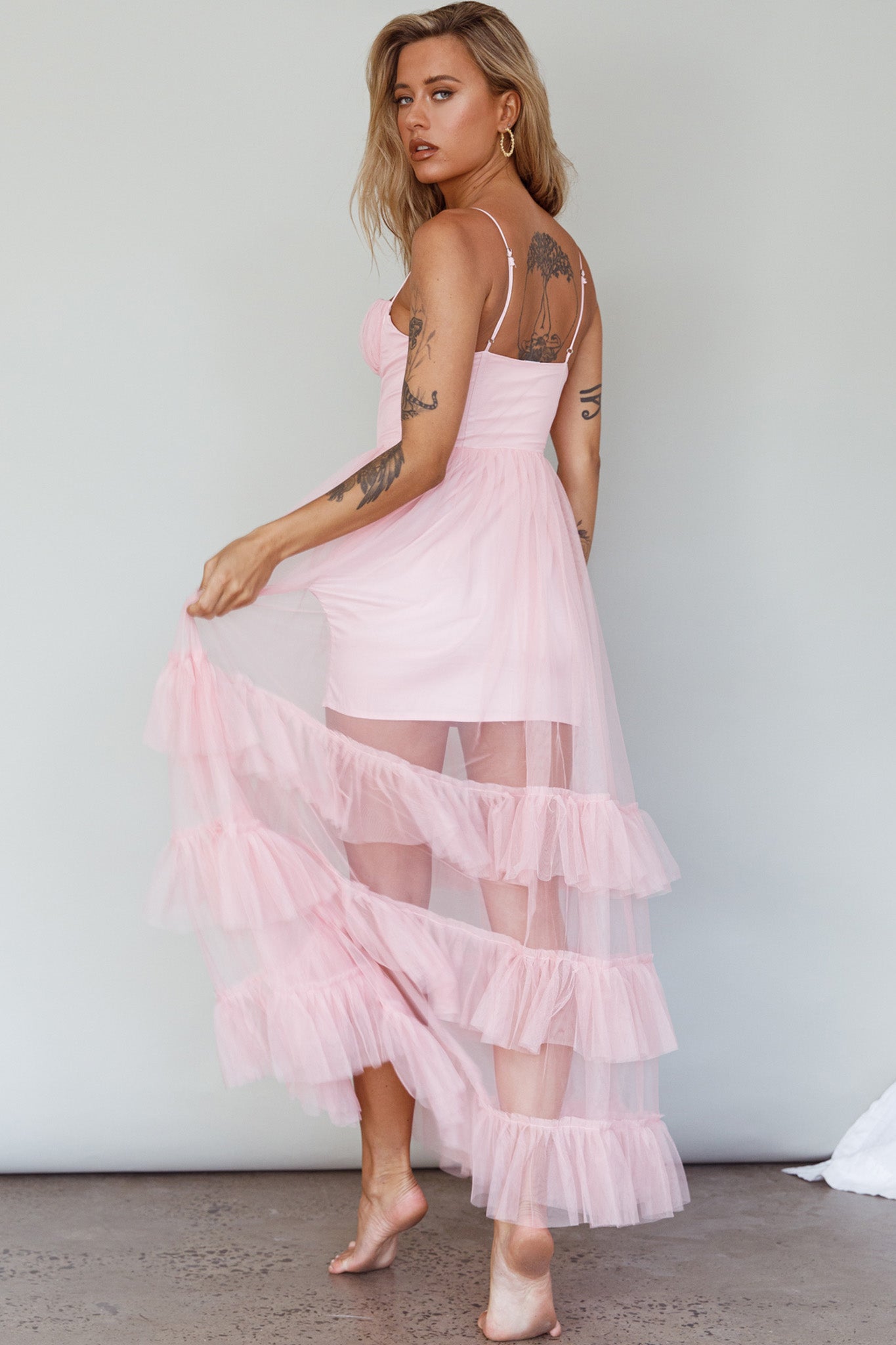 Moonlight Sonata Ruffle Mesh Maxi Dress Cameo Pink by Selfie Leslie Australia