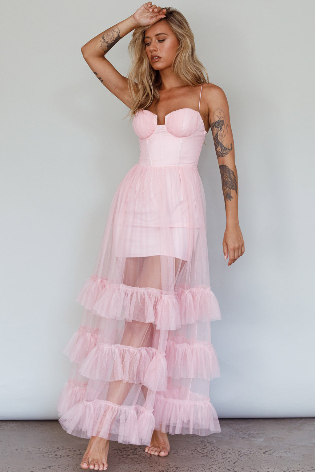 Moonlight Sonata Ruffle Mesh Maxi Dress Cameo Pink by Selfie Leslie Australia