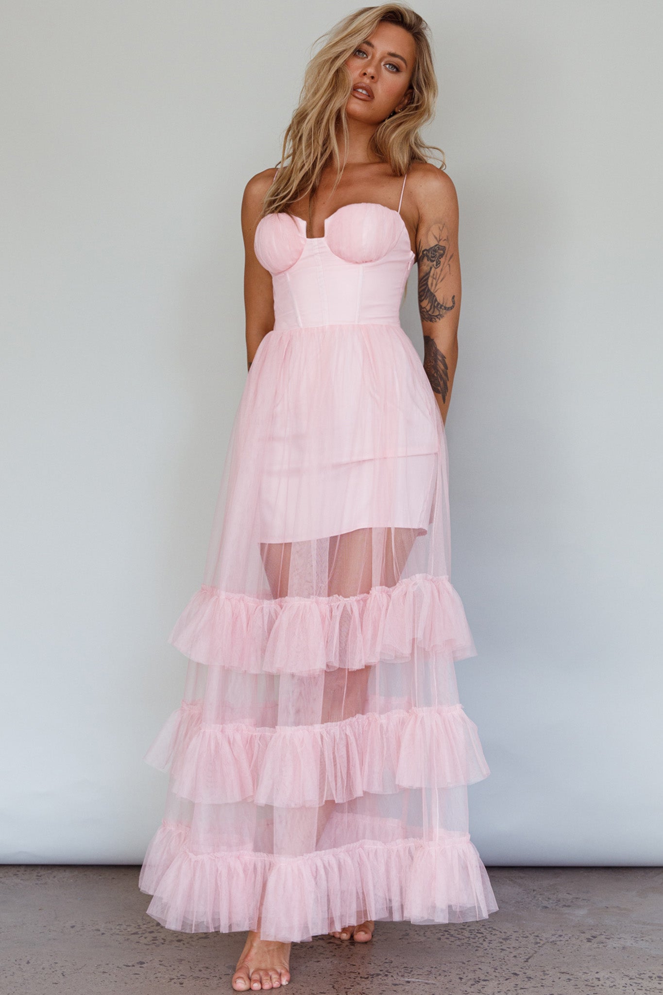 Moonlight Sonata Ruffle Mesh Maxi Dress Cameo Pink by Selfie Leslie Australia